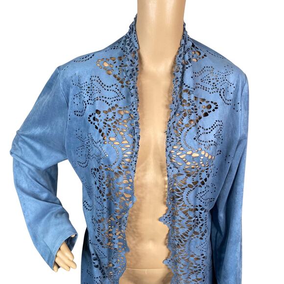 Alberto Makali Light Blue Faux Suede Laser Cut Waterfall Flyaway Cardigan SZ L - Picture 2 of 13